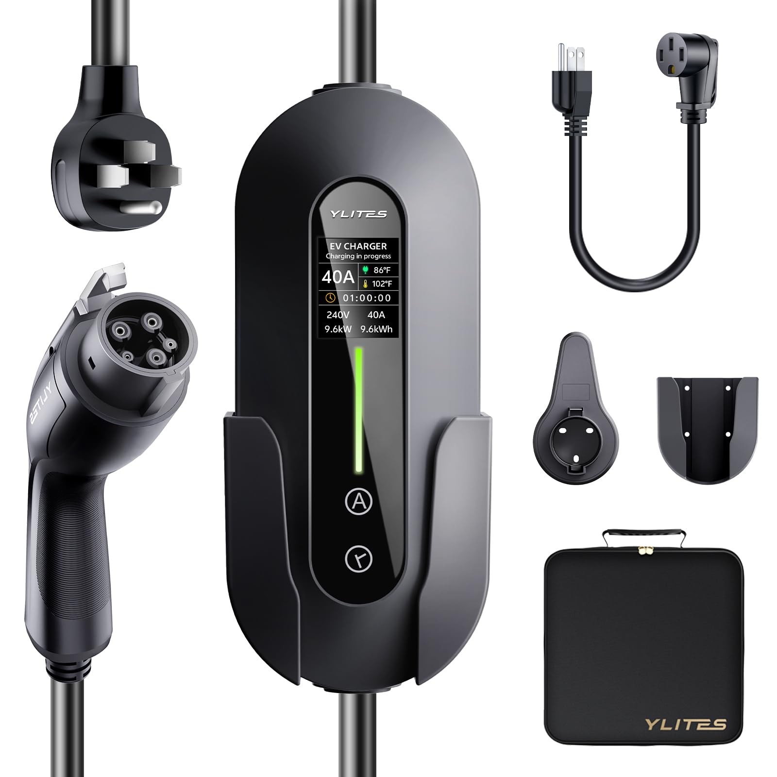 Level 2 for Tesla Charger，40AMP/9.6kW Adjustable Current，21FT Cable，NACS Connector，Fast Home Portable EV Charging Station，with NEMA 240V14-50 Plug&110V 5-15 Adapter，for Model X/Y/3/S/Cybertruck