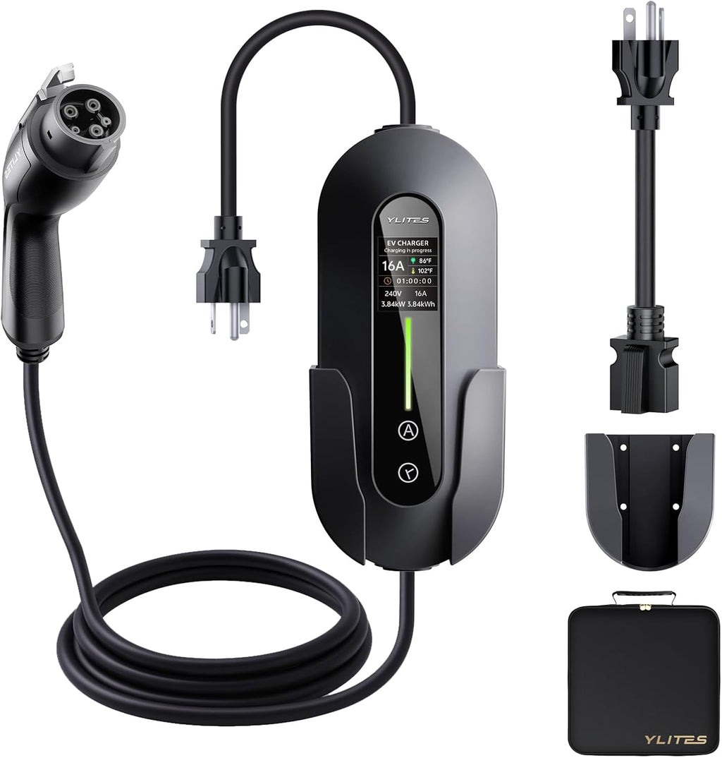 2026 Upgraded Level 1 & 2 Portable EV Charger, 25Ft J1772 Charging Cable, 8–16Amp Adjustable Current with Delay Start, 110–240V, NEMA 6-20 Plug with 5-15 Adapter, for All EVs & PHEVs