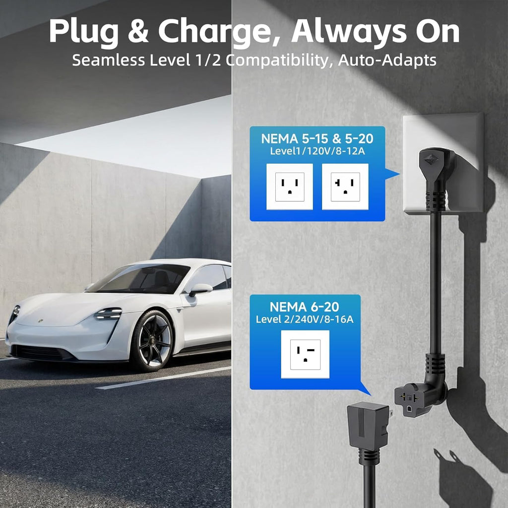 2026 Upgraded Level 1 & 2 Portable EV Charger, 25Ft J1772 Charging Cable, 8–16Amp Adjustable Current with Delay Start, 110–240V, NEMA 6-20 Plug with 5-15 Adapter, for All EVs & PHEVs