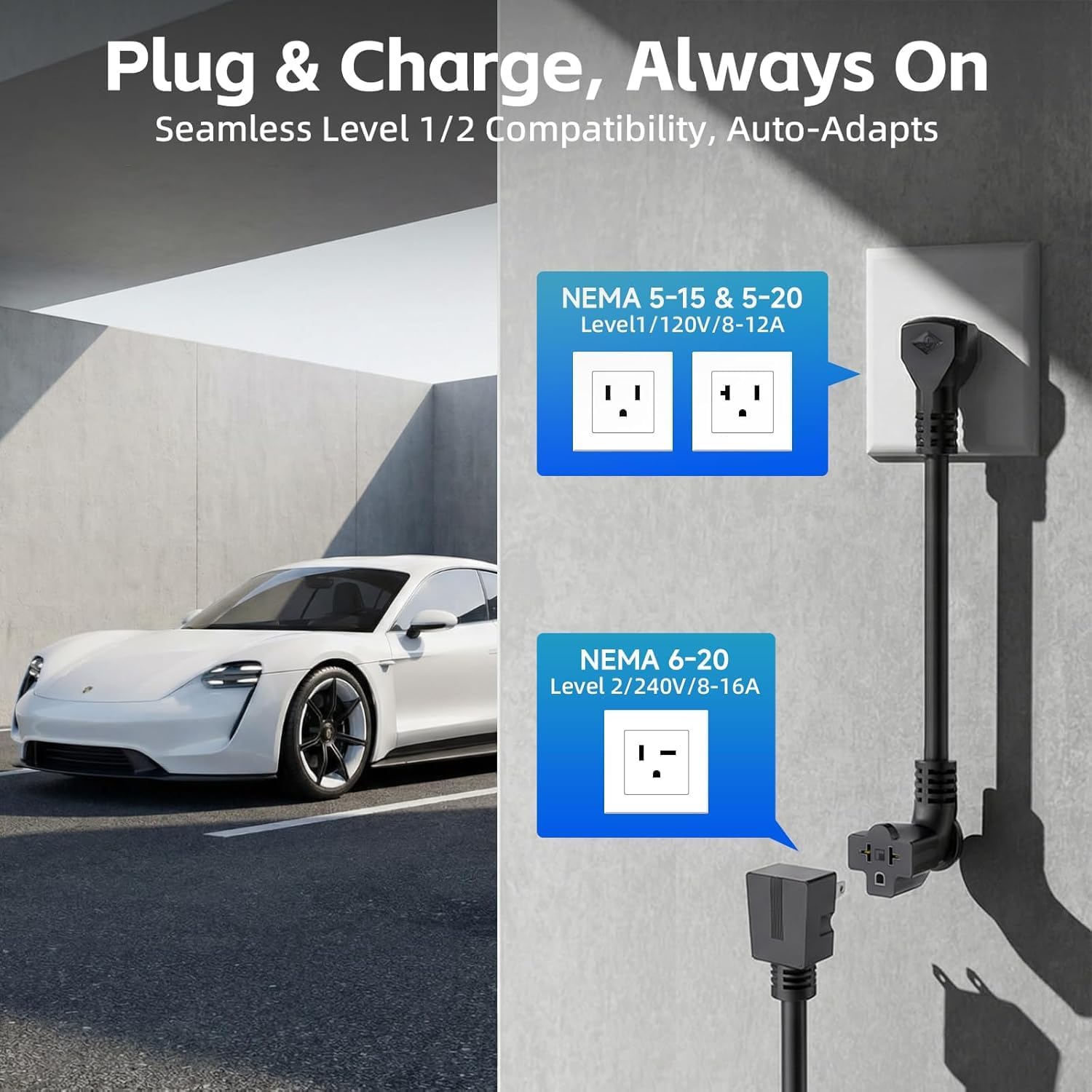 2026 Upgraded Level 1 & 2 Portable EV Charger, 25Ft J1772 Charging Cable, 8–16Amp Adjustable Current with Delay Start, 110–240V, NEMA 6-20 Plug with 5-15 Adapter, for All EVs & PHEVs