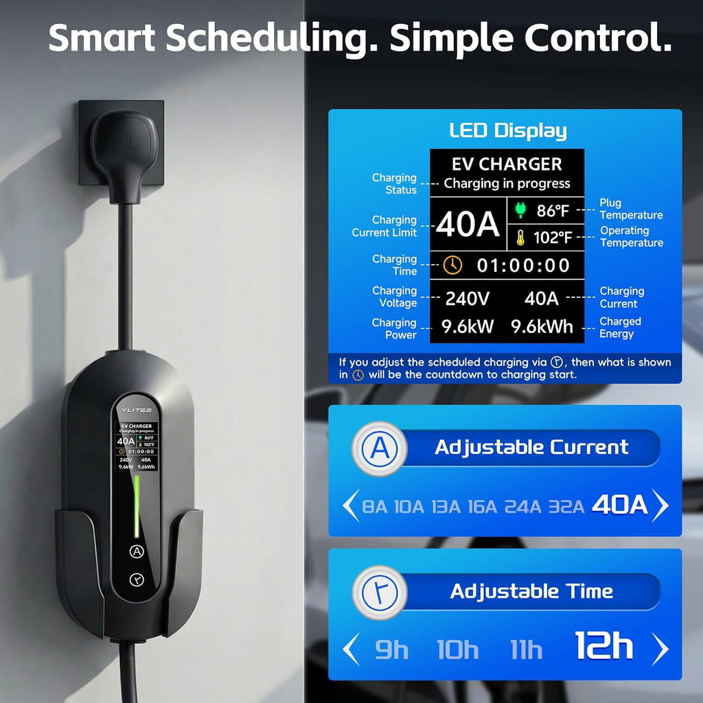 Level 2 EV Charger 40Amp, 240V 9.6KW Portable Electric Vehicle Charging Stations with NEMA 14-50P, 25FT Cable Adjustable Current/Timing Delay Home Electric Car Charger for J1772 BEVs/PHEVs