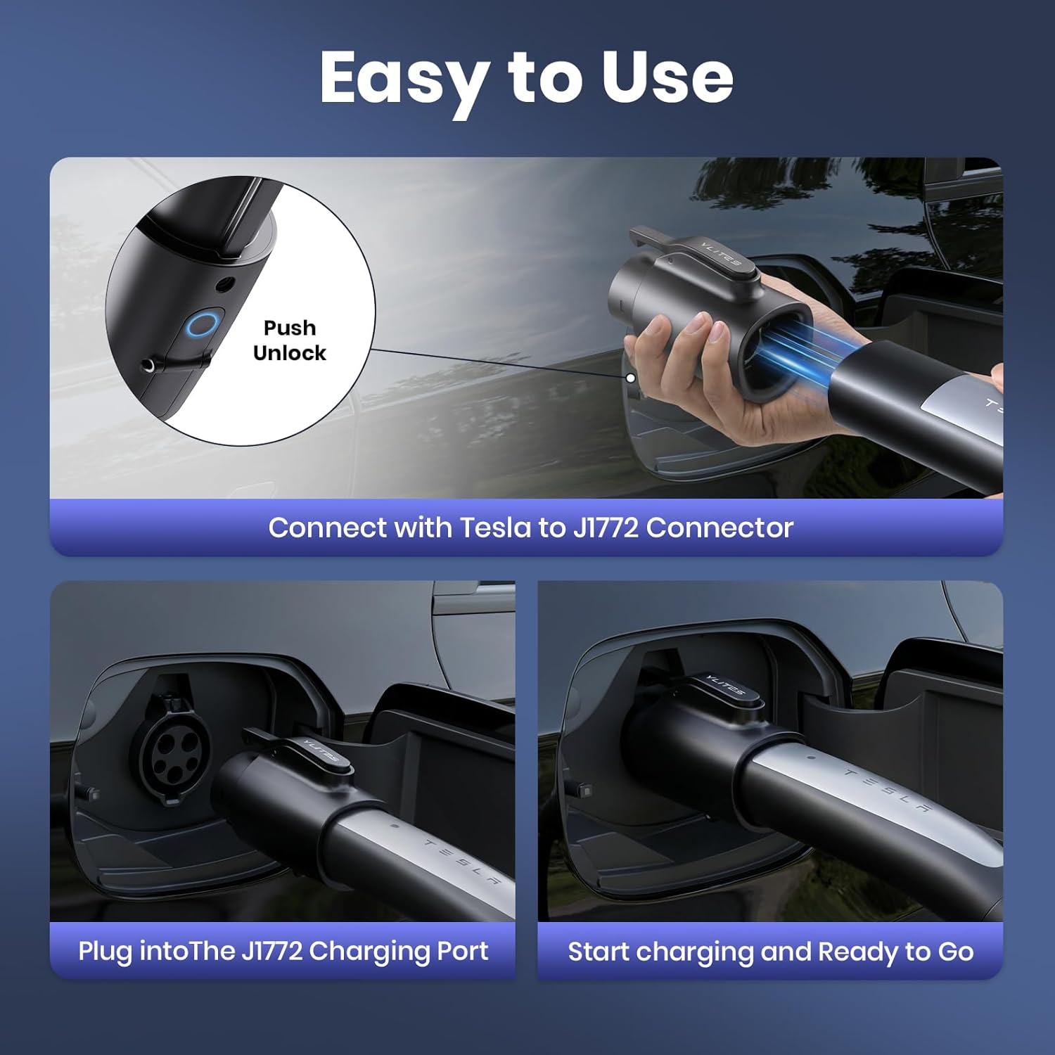 Tesla to J1772 Charging Adapter for J1772 EVs, Max Supports 80A 250V Fast NACS to J1772 Adapter, Heavy-Duty Durable Design, Secure Tight Fit, Heat-Resistant for Home, Public, Travel & Backup Charging