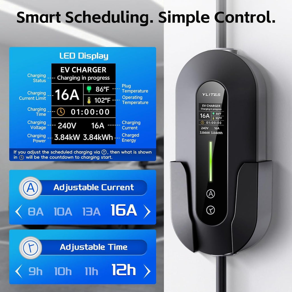 2026 Upgraded Level 1 & 2 Portable EV Charger, 25Ft J1772 Charging Cable, 8–16Amp Adjustable Current with Delay Start, 110–240V, NEMA 6-20 Plug with 5-15 Adapter, for All EVs & PHEVs