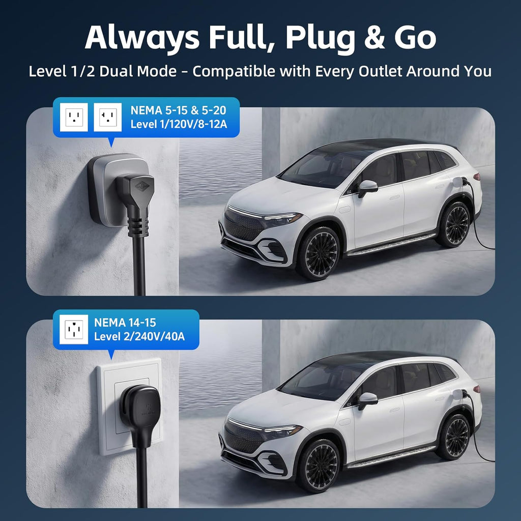 Level 2 EV Charger 40Amp, 240V 9.6KW Portable Electric Vehicle Charging Stations with NEMA 14-50P, 25FT Cable Adjustable Current/Timing Delay Home Electric Car Charger for J1772 BEVs/PHEVs