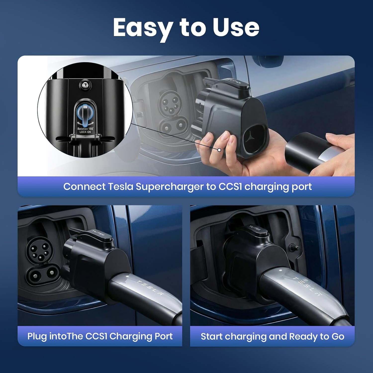 NACS to CCS Adapter for Fast Charging CCS1 EVs in Tesla V3/V4 Superchargers, Max 500A 1000V NACS DC Adapter, Dual Locks for Secure Connection and Easy Disconnect for Road Trip Backup