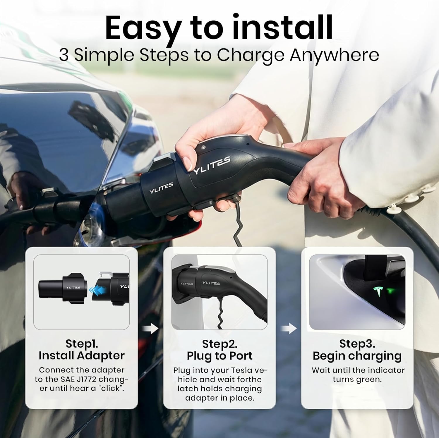 J1772 to Tesla Charger Adapter, Max 80A 250V Fast EV Adapter for Tesla Model 3/Y/X/S & Cybertruck, Smoother Plug-In & Removal, Enhanced Heat Resistance for Home & Public J1772 Charging Stations
