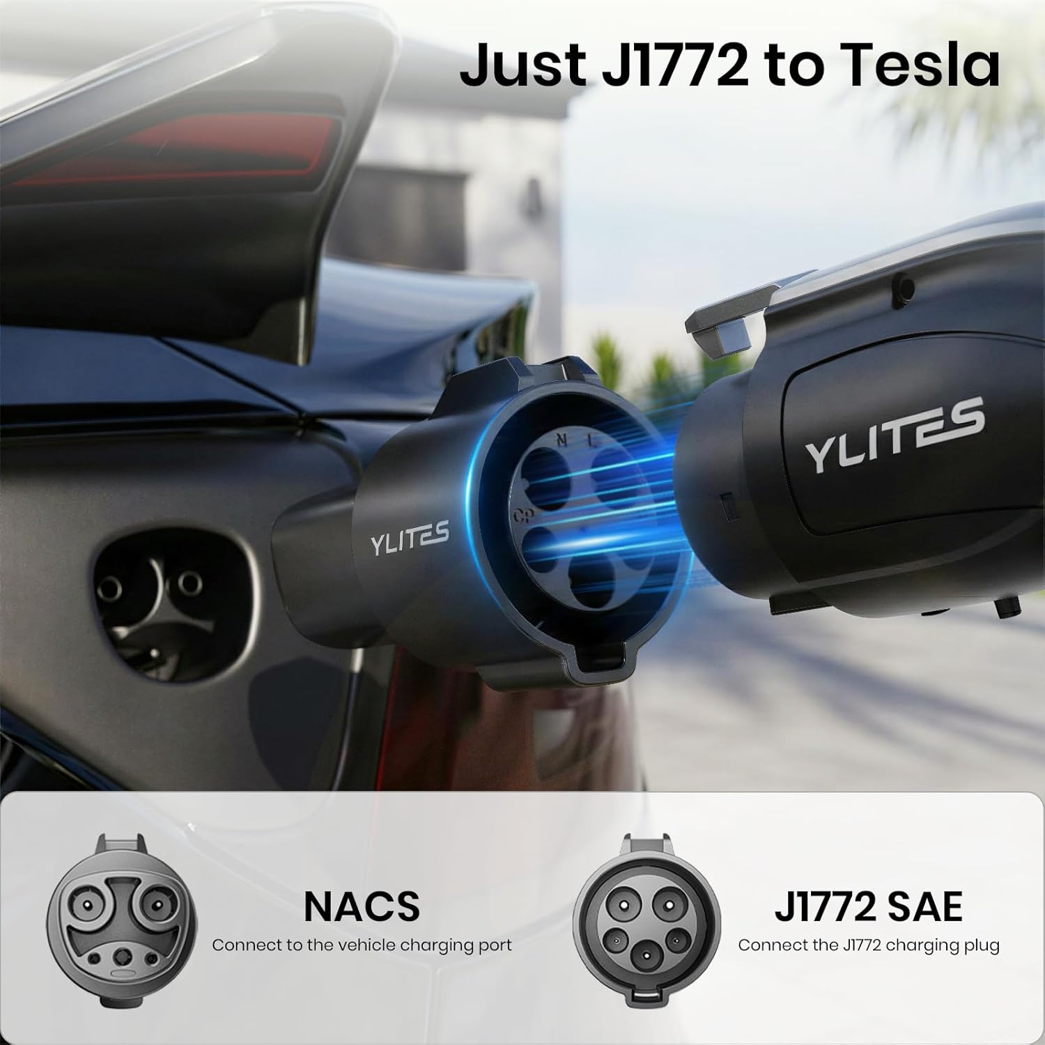 J1772 to Tesla Charger Adapter, Max 80A 250V Fast EV Adapter for Tesla Model 3/Y/X/S & Cybertruck, Smoother Plug-In & Removal, Enhanced Heat Resistance for Home & Public J1772 Charging Stations